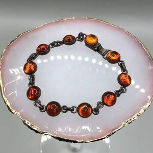 Vintage cabochon links amber sterling silver 925 bracelet-fine jewelry